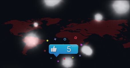 Image of speech bubble with increasing number of likes, thumbs up signs blooming over world map