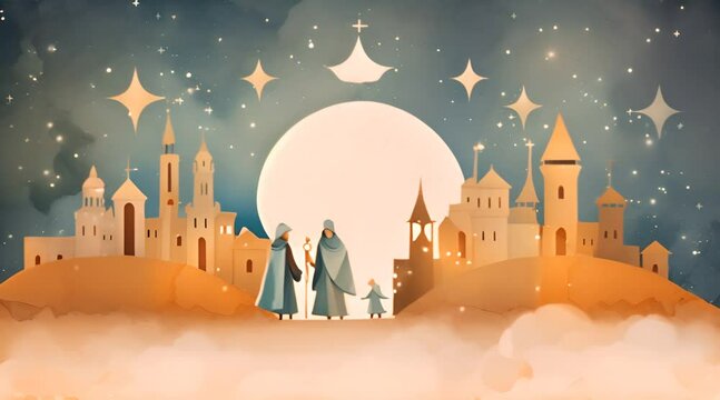 A Nativity scene with the holy family. Watercolor video postcard.