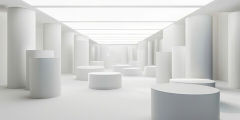 Modern White Cylindrical Columns and Platforms in Minimalist Bright Interior Space