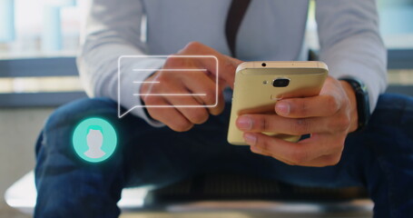 Image of person icon and speech bubble over hands of man using smartphone