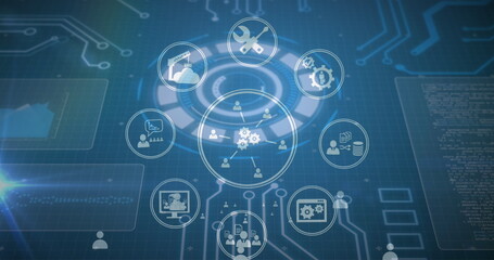 Image of tech icons and motherboard on blue digital screen