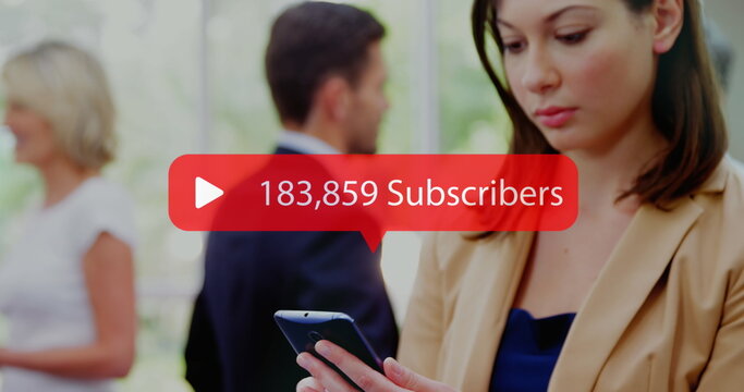 Image of social media subscribers notification over smiling caucasian woman using smartphone - Powered by Adobe