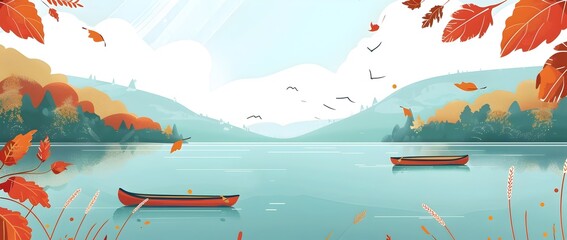 Autumn Foliage Forest Outdoor Park Background Cartoonish Minimal Banner Print Design with Serene Lake and Paddling Canoes