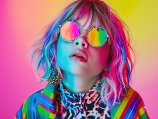 Obraz premium portrait of young teen LGBTQ women with colorful rainbow color theme, fashionable hair style, wearing round chrome vibrant reflect sunglasses, patterned jacket