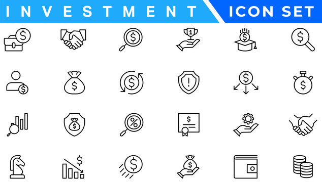 Money income line icon set. Pension fund, profit growth, piggy bank, finance capital minimal vector illustration. Simple outline signs for investment application. 30x30 Pixel Perfect Editable Strokes