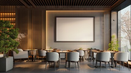 Modern Asian Restaurant Interior with Empty Picture Frame