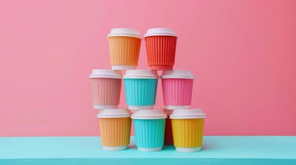 Colorful coffee cups stacked on a light blue table with a pink backdrop