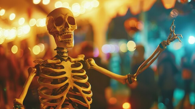 A spooky skeleton dance performance at a Halloween event, captivating the audience.