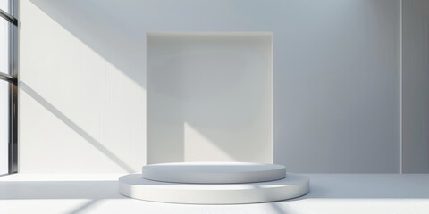 Minimalist White Room with Sunlight and Empty Exhibition Platforms