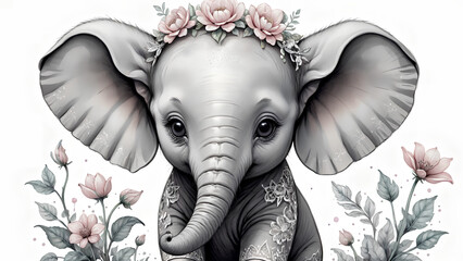 Obraz premium Baby elephant and flower in the style of whimsical ink drawings