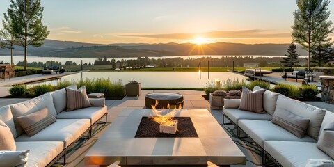 Fototapeta premium Outdoor space with modern furniture fire pit and sunset views for relaxation. Concept Outdoor Living Space, Modern Furniture, Fire Pit, Sunset Views, Relaxation