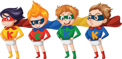 Four kids dressed as superheroes with capes