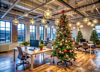 Obraz premium A vacant startup office transforms into a winter wonderland with festive Christmas lights, a decorated tree, and ornaments, celebrating the holiday season in style.