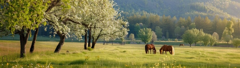 Beautiful spring scene with two horses grazing in a lush green field surrounded by blooming trees and distant mountains under a clear sky.