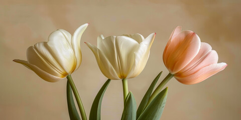 Fototapeta premium Beautiful Trio of White and Pink Tulips Against Neutral Background Elegant Floral Arrangement