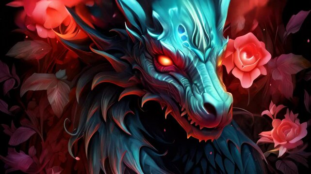 Blue dragon in a garden of roses