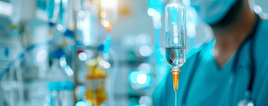 Intensive Care in Hospital During Epidemic: Close-Up of Patient Receiving Intravenous Drip Treatment with Emphasis on Equipment and Condition