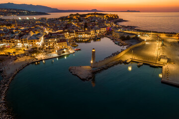 Aerial view  of the iconic old harbor of Rethymno with the   venetian  architecture  in Crete, Greece.