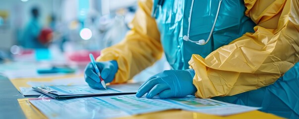 Close-up of Dedicated Healthcare Worker Updating Patient's Medical Chart in Busy Hospital During Pandemic with Focused Detail on Hands