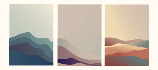 Obraz premium Japanese background with line wave pattern vector. Abstract template with geometric pattern. Mountain layout design in oriental style. 