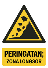 ISO warning safety signs in indonesian_peringatan; zona longsor size a4/a3/a2/a1