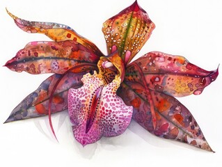 A detailed watercolor illustration of a Bulbophyllum orchid, featuring its unusual blooms and vibrant colors, with a white background