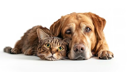 Publicidade pet, cachorro com gatinho juntos em um fundo infinito branco