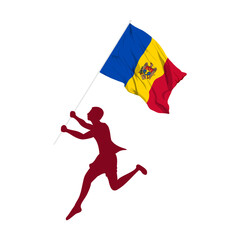 Vector illustration of man running and holding Moldova flag in hands on transparent background