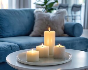 Scandinavian Living Room Interior Design - Close-Up of Candles on White Coffee Table Near Blue Sofa