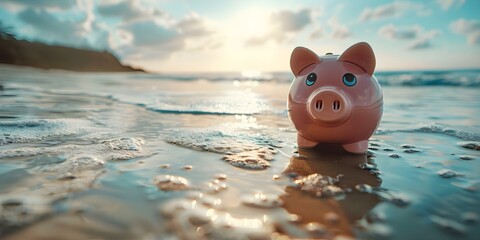 Piggy bank on beach symbolizing financial freedom and independence in highquality image. Concept Financial Freedom, Piggy Bank, Beach, Independence, High Quality Image