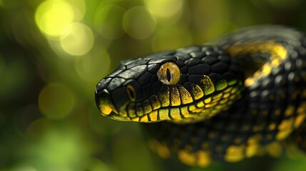Fototapeta premium Green Blur. Detailed Head of Snake with Black and Yellow Skin on Curved Body Over Tropical Habitat Background