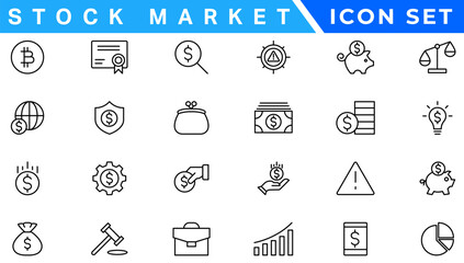 Stock market icons set with fully editable stroke thin line vector illustration with stock marketing, stock exchange, investment, shares, financial goals, bear marketing, trading, securities, money