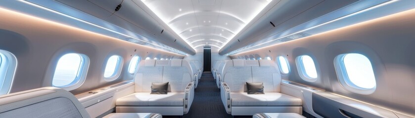 Luxurious interior view of a modern passenger airplane cabin with comfortable seating and ambient lighting for premium travel experience.