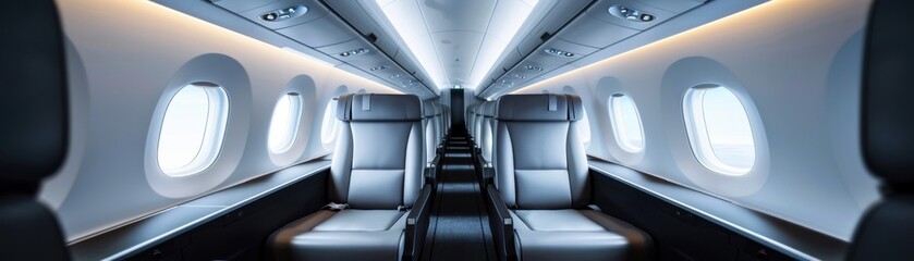 Modern airplane interior with empty seats, illuminated overhead bins, and clean design for comfortable air travel.