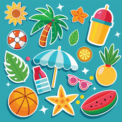 Set of summer beach stickers. Tropical elements