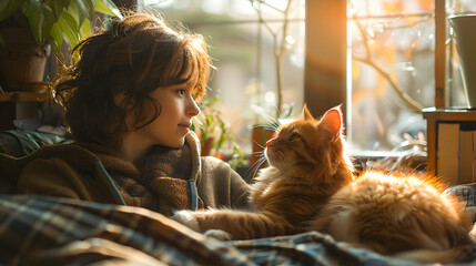 Naklejka na ściany i meble The blissful calm of a boy and his cat in comfort house and tranquility. The tender moments scene of relaxation and happiness pets, serene, bright tones, childhood joy and happy in everyday life.