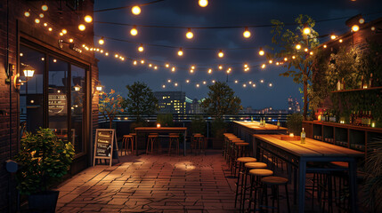 夜の屋上のビアガーデンの光