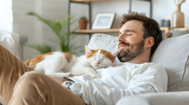 A serene man and his cat sleeping and smiling in bright tones house, the essence of rest and calm. The heartwarming scene of the joy and contentment pets, happiness, tender moments, and relaxation. - Powered by Adobe