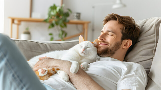 A serene man and his cat sleeping and smiling in bright tones house, the essence of rest and calm. The heartwarming scene of the joy and contentment pets, happiness, tender moments, and relaxation.