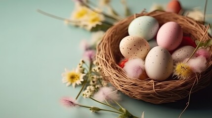 Top View of Happy Easter Day banner concept design of colorful eggs and plants on pastel background