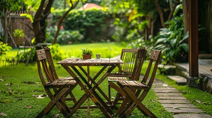 A wooden table and chairs set placed in a garden