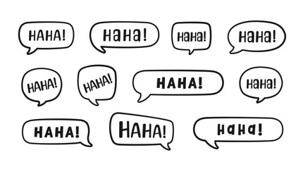 Haha laughing speech bubble sound effect different doodles collection. Cute black text lettering outline line art set vector illustration.