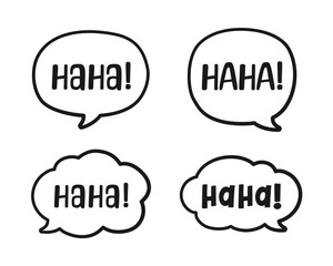 Haha laughing speech bubble sound effect different doodles collection. Cute black text lettering outline line art set vector illustration.