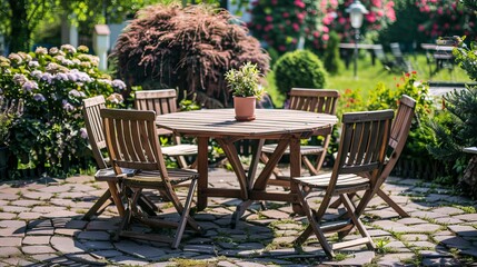 A wooden table and chairs set placed in a garden