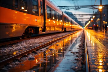 Close up of vibrant train on rails with blurred background for immersive ride experience