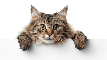 Obraz premium A cute tabby kitten peeking over a white surface with a curious expression on a white background.