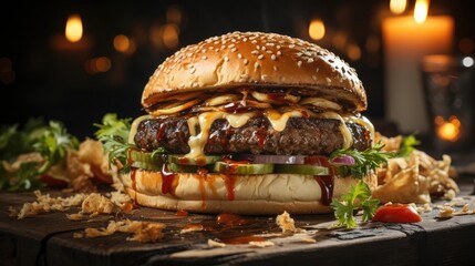 hamburger full of meat and vegetables and melted mayonnaise on a wooden table and blurred background