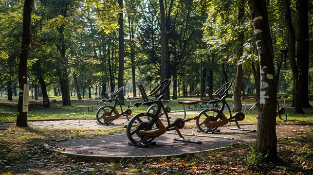 Fitness bike machine in Prundu Bargaului Park, Bistrița, Romania, 2022