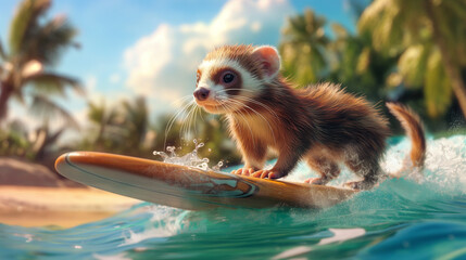 Erdm&auml;nnchen auf dem Surfbrett mit Cocktail in der Hand surfen Urlaubsplanung im Reiseb&uuml;ro Generative AI