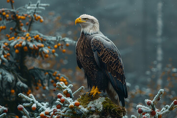 Obraz premium Bald eagle perching on branch in snow, A bald eagle sits on a tree stump in the forest. 